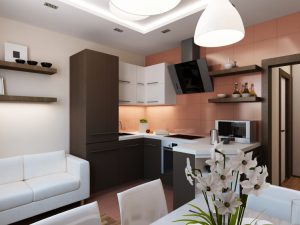 Дизайн кухни-гостиной с камином